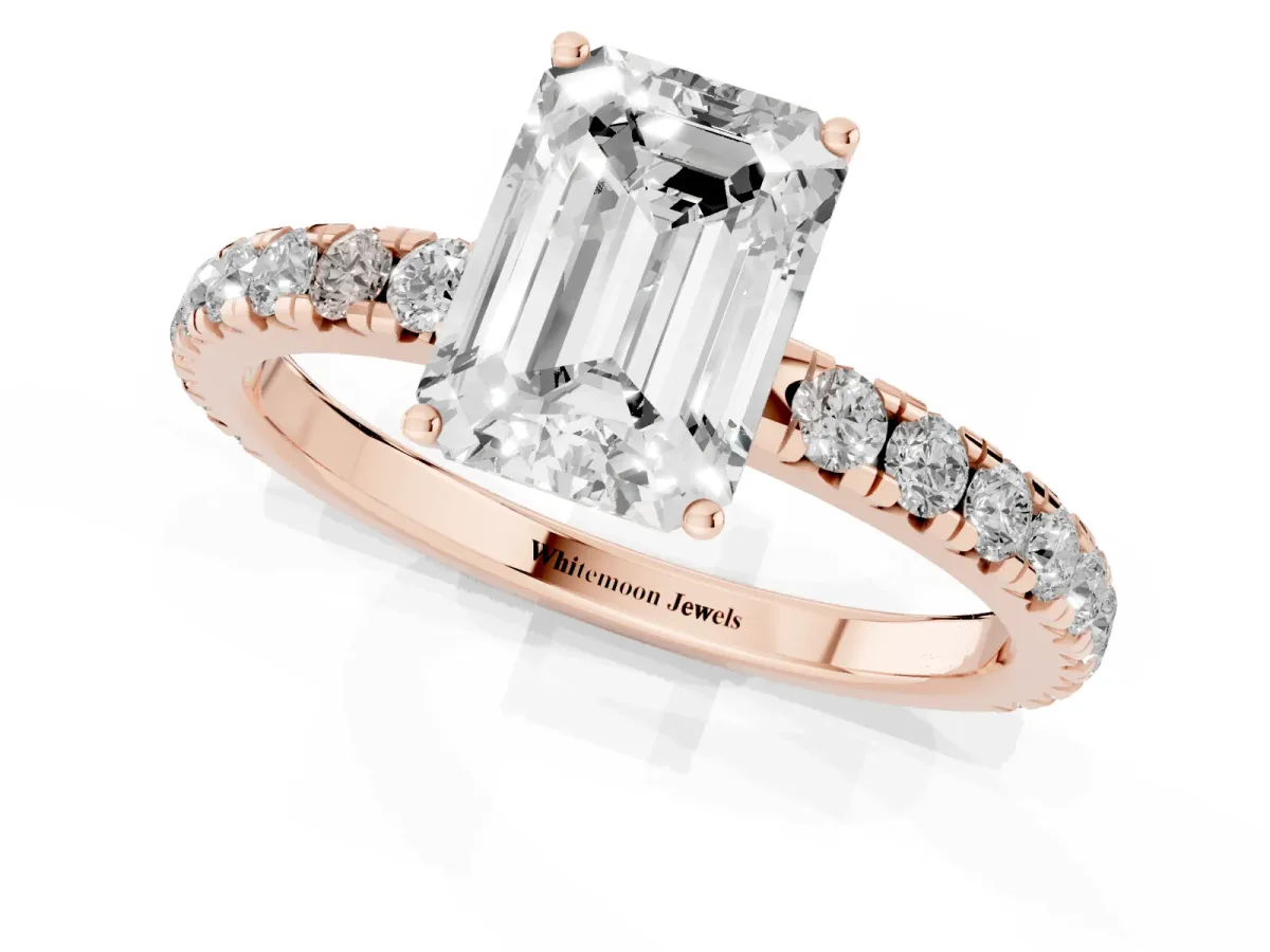 Emerald Cut Diamond Pavé Solitaire Engagement Ring with Four-Prong Setting Rose gold