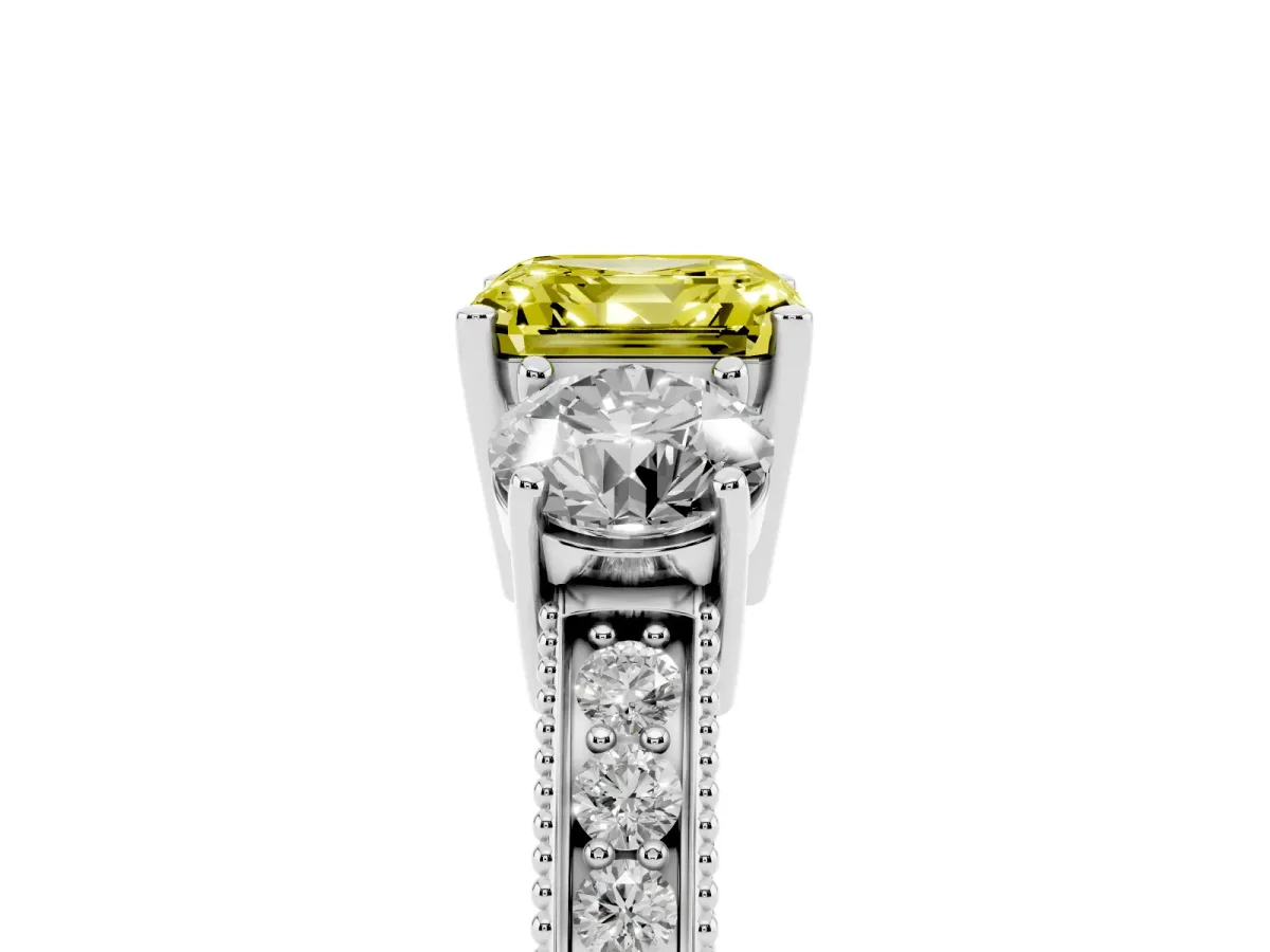 Fancy Yellow Asscher Cut Three-Stone Diamond Ring with Pavé Band and Four-Prong Setting Silver