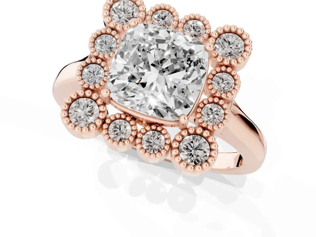 Cushion Cut Halo Diamond Cluster Engagement Ring with Milgrain Bezel Setting and Solitaire Band Rose gold