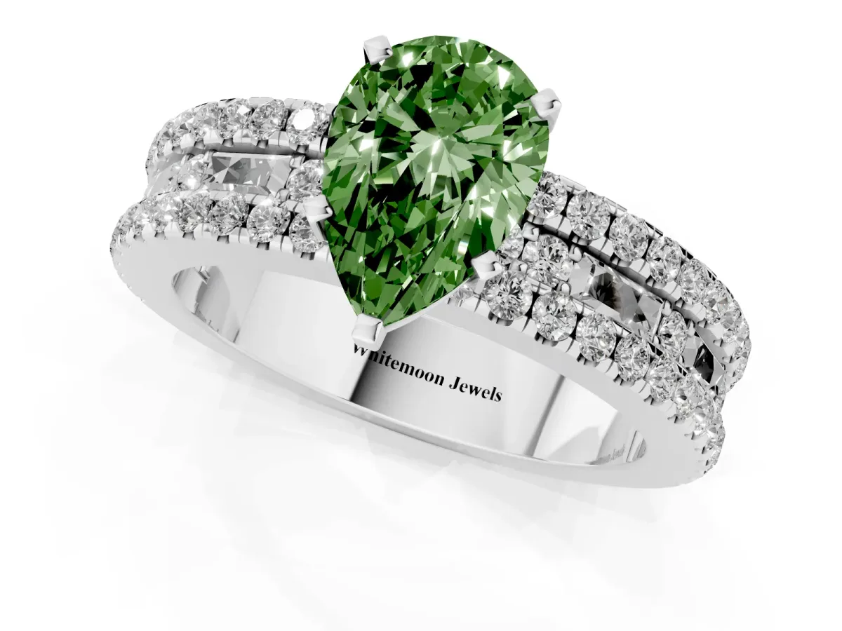 Fancy Green Pear Cut Diamond Solitaire Ring with Pavé and Channel Set Band Silver
