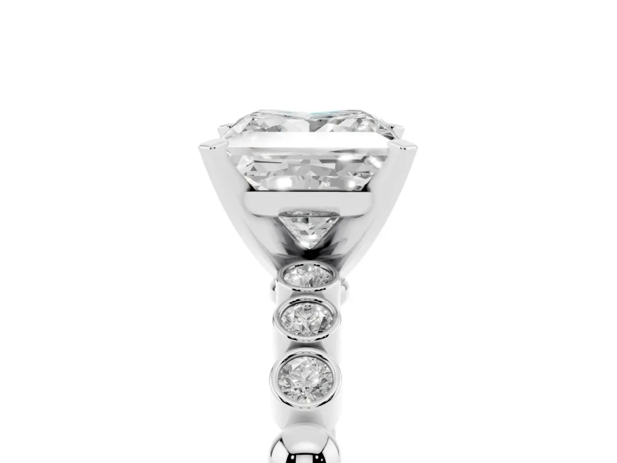 Princess Cut Solitaire Bezel Accent Diamond Engagement Ring with Beaded Band and Four-Prong Setting Platinum