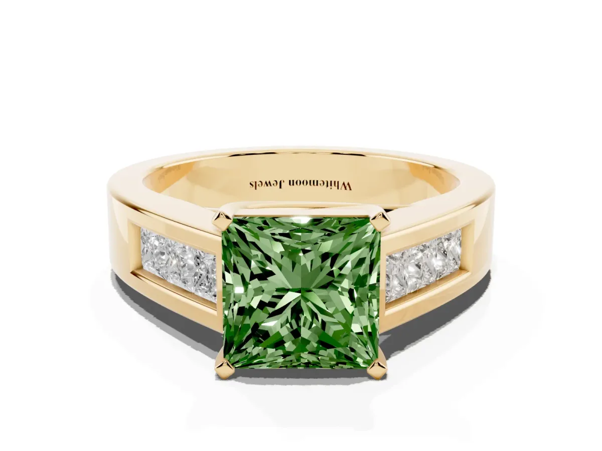 Fancy Green Princess Cut Cut Channel Set Solitaire Ring with Four-Prong Setting Yellow gold