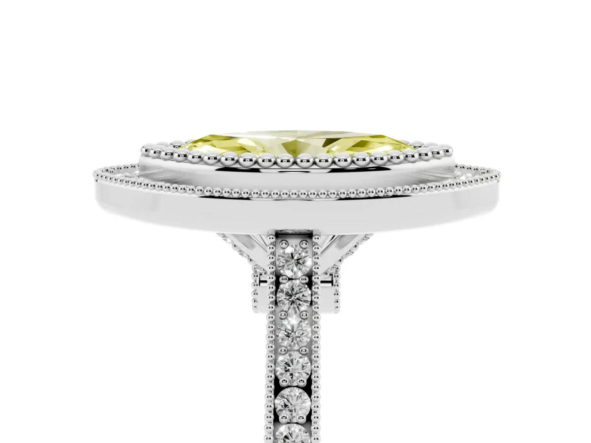 Fancy Yellow Marquise Cut Diamond Halo Ring with Milgrain Frame and Pavé Band Silver