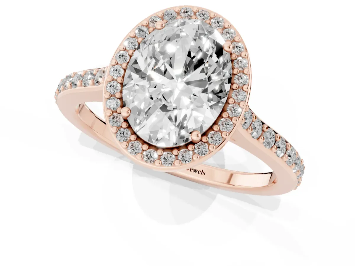 Oval Cut Diamond Halo Engagement Ring with Round Pavé Shoulders and Prong Setting Rose gold
