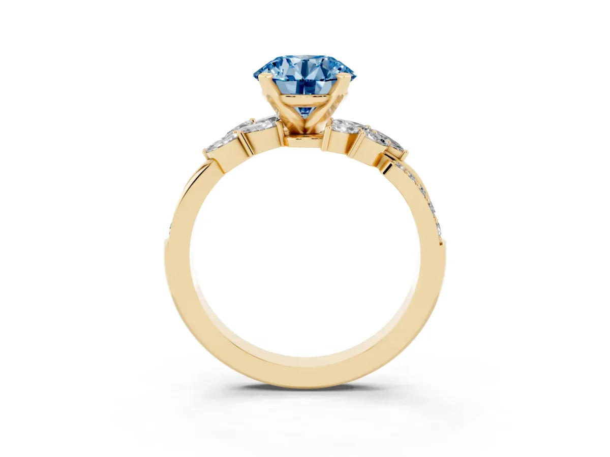 Fancy Blue Round Cut Solitaire Marquise Twist Band with Six-Prong Setting Yellow gold