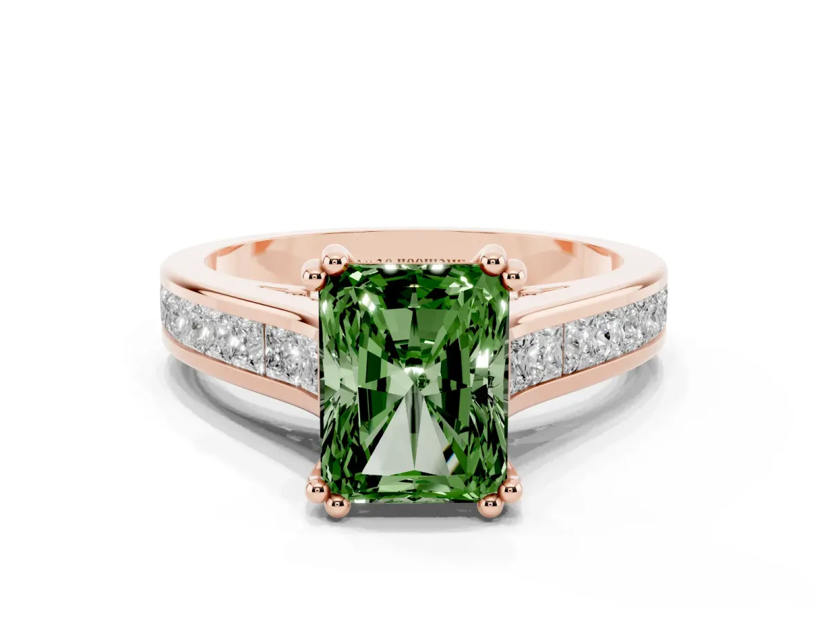 Fancy Green Radiant Cut Cut Channel Set Solitaire Engagement Ring with Prong Setting Rose gold