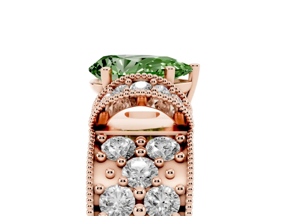 Fancy Green Pear Cut Halo Pave Diamond Engagement Ring with Milgrain Detailing Rose gold
