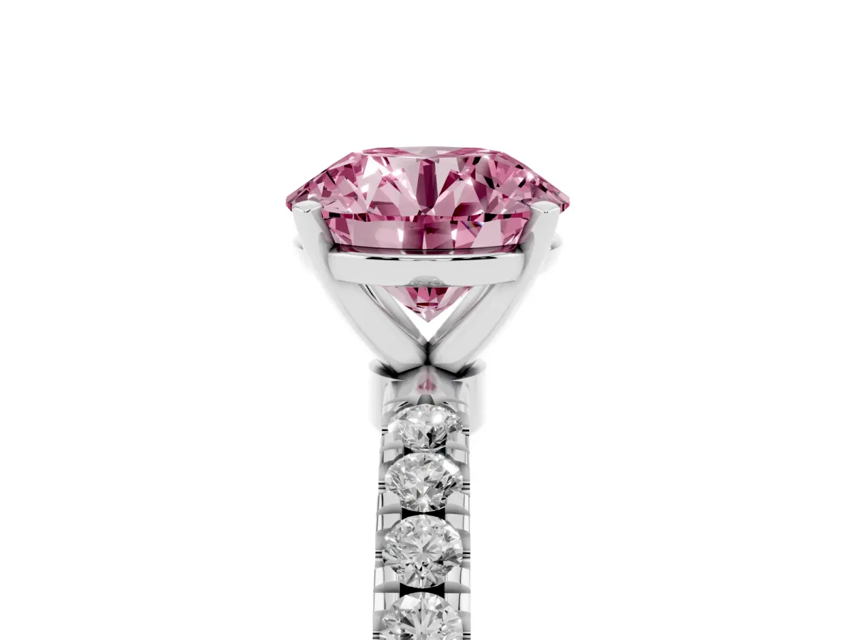 Fancy Pink Round Cut Diamond Solitaire Ring with Pavé Accents and Four-Prong Setting Platinum