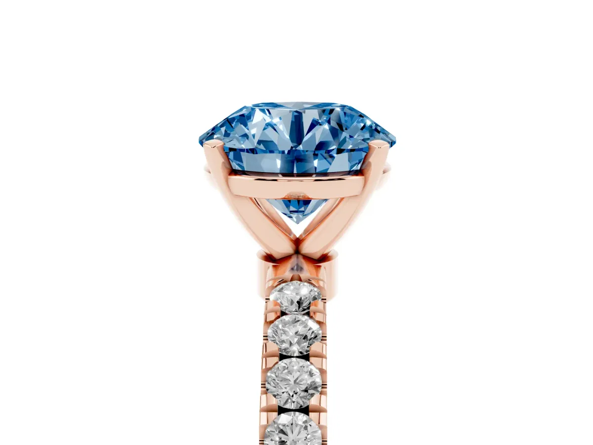 Fancy Blue Round Cut Diamond Solitaire Ring with Pavé Accents and Four-Prong Setting Rose gold