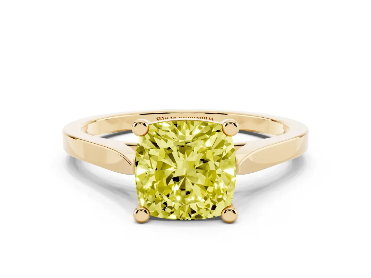 Fancy Yellow Cushion Cut Solitaire Diamond Ring with Four-Prong Setting and Tapered Band Yellow gold
