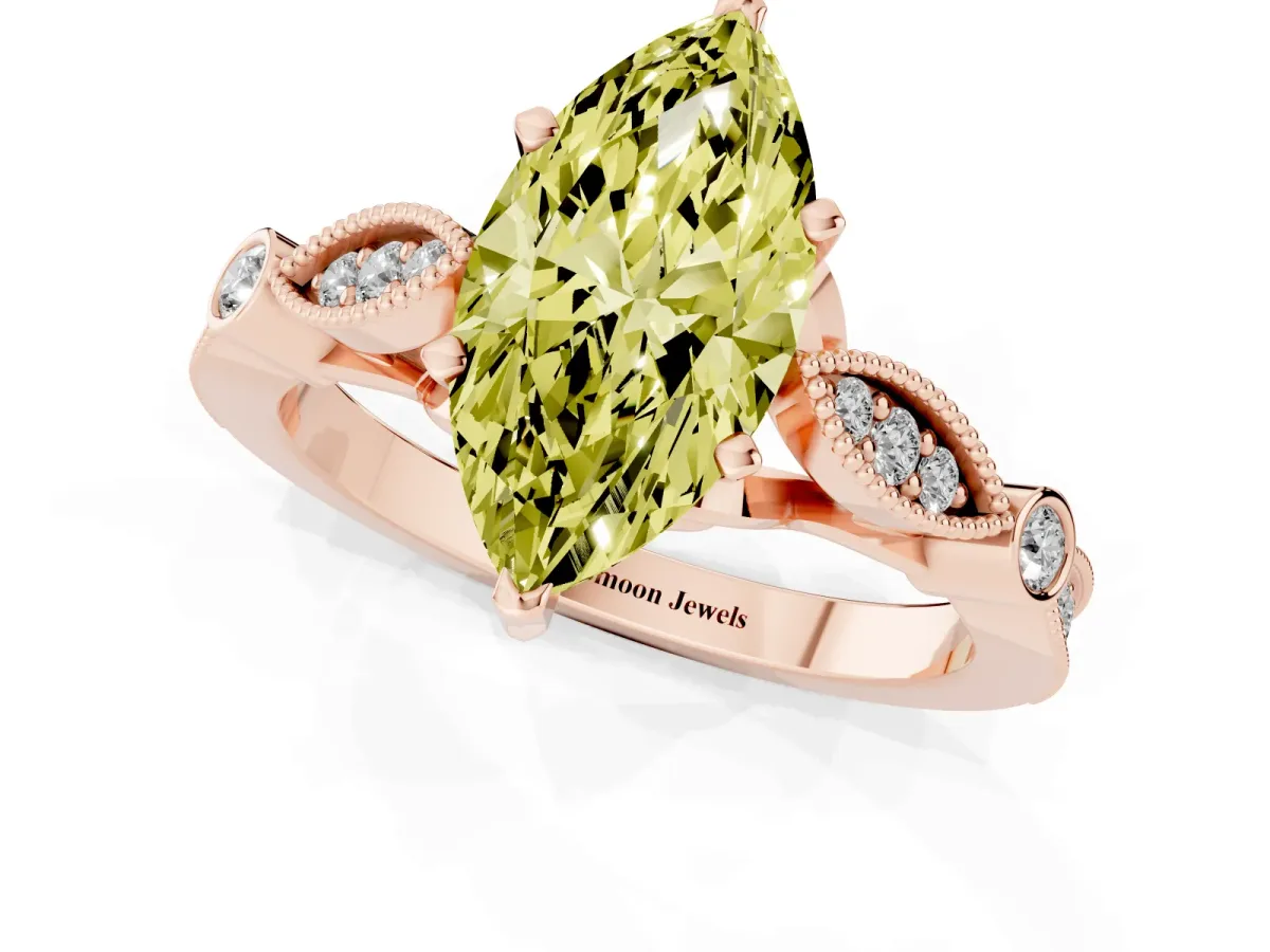 Fancy Yellow Marquise Cut Cut Diamond with Milgrain Marquise and Bezel Accents on a Solitaire Band with Prong Setting Rose gold