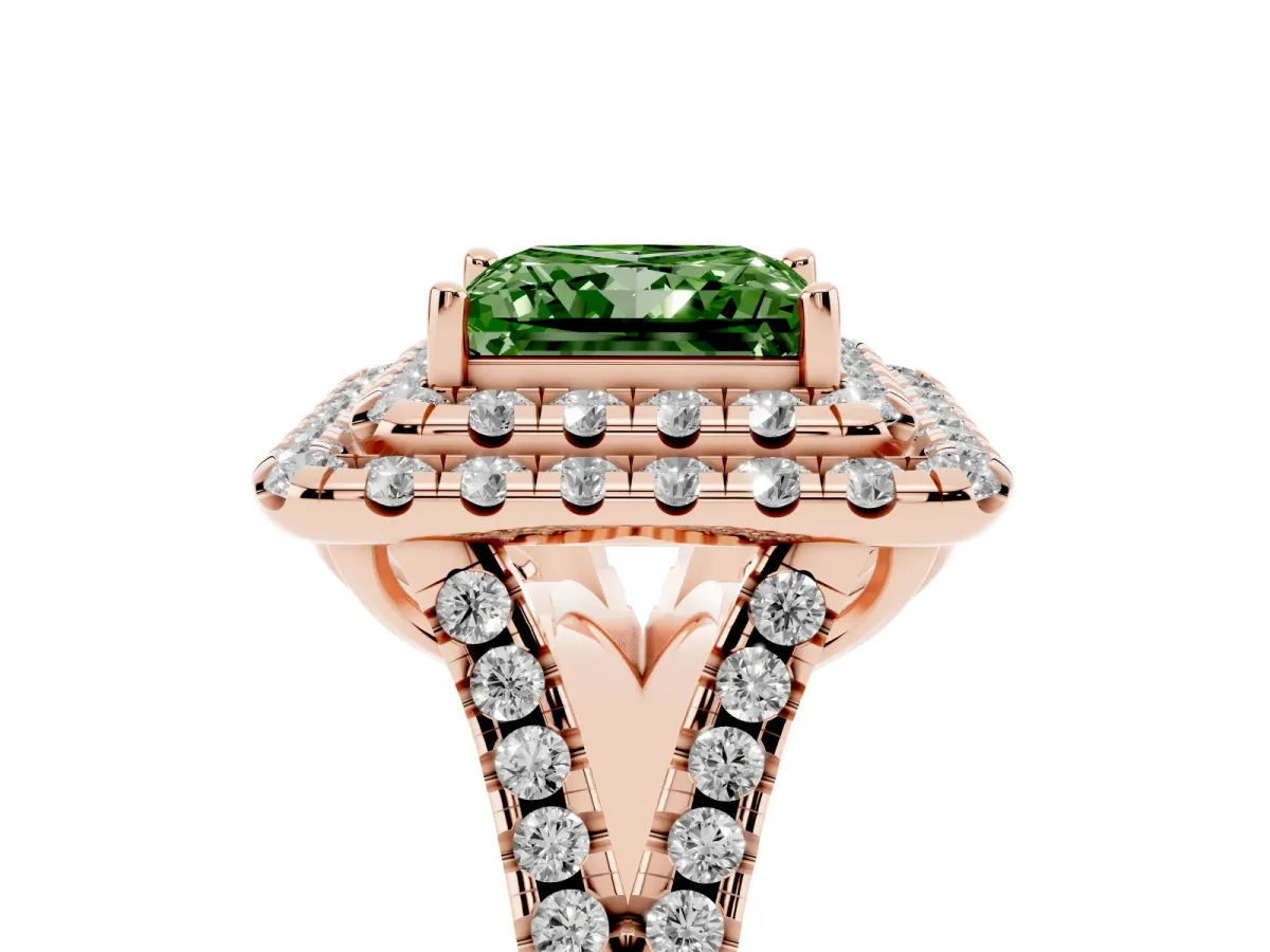 Fancy Green Double Halo Princess Cut Diamond Pavé Split Shank Ring with Prong Setting Rose gold