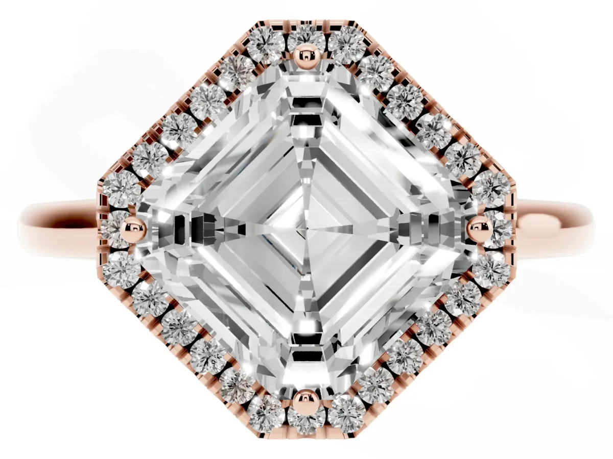 Asscher Cut Halo Round Diamond Solitaire Engagement Ring with Pave Band and Four-Prong Setting Rose gold