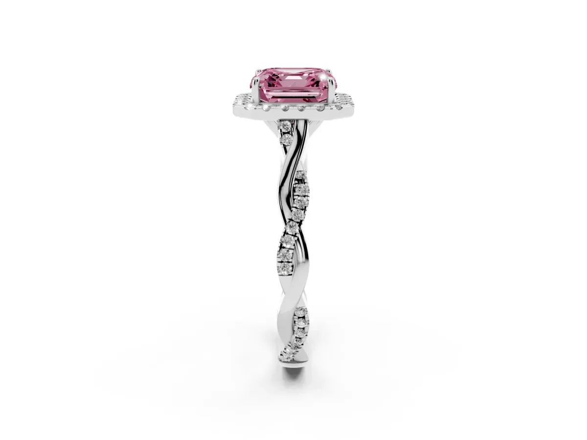 Fancy Pink Asscher Cut Halo Twist Band Solitaire Ring Silver