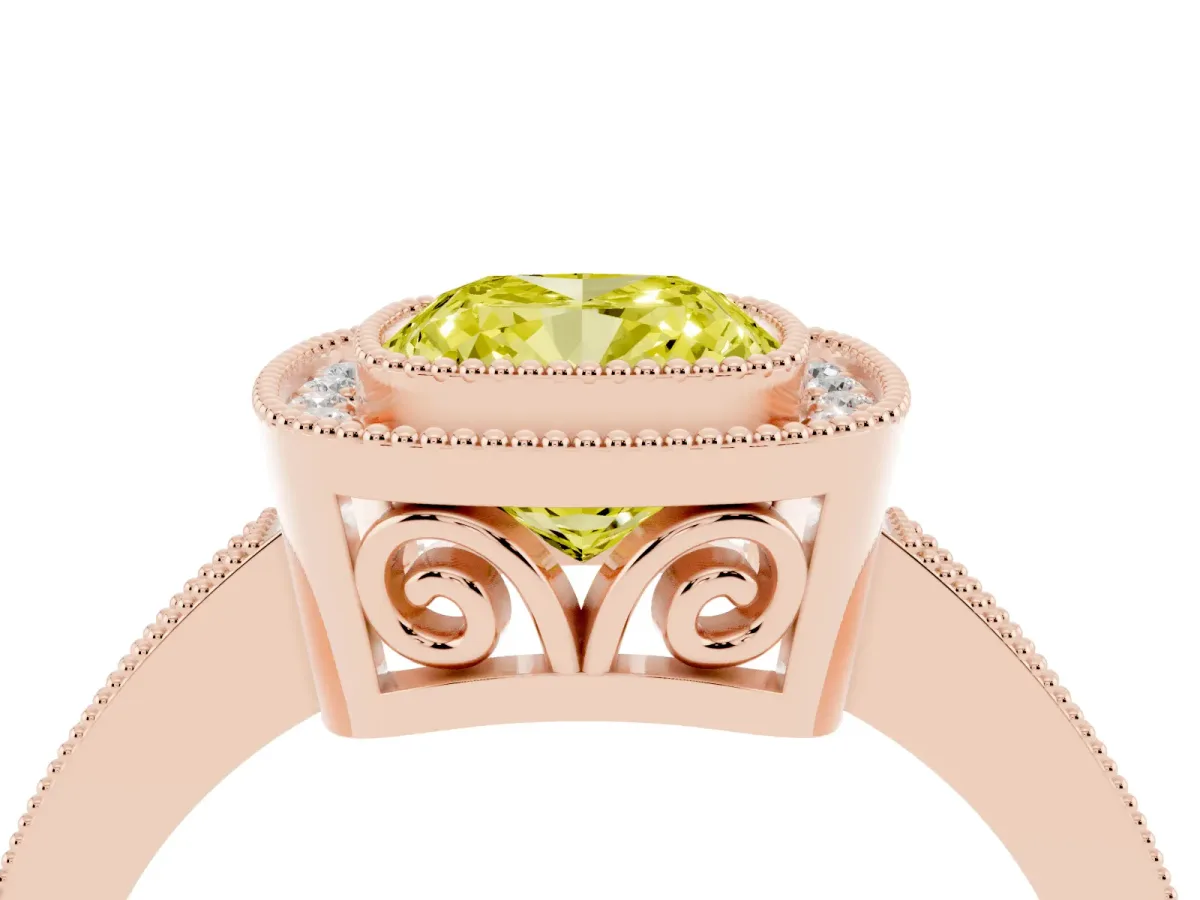 Fancy Yellow Cushion Cut Cut Halo Diamond Ring with Pavé Band and Milgrain Prong Setting Rose gold