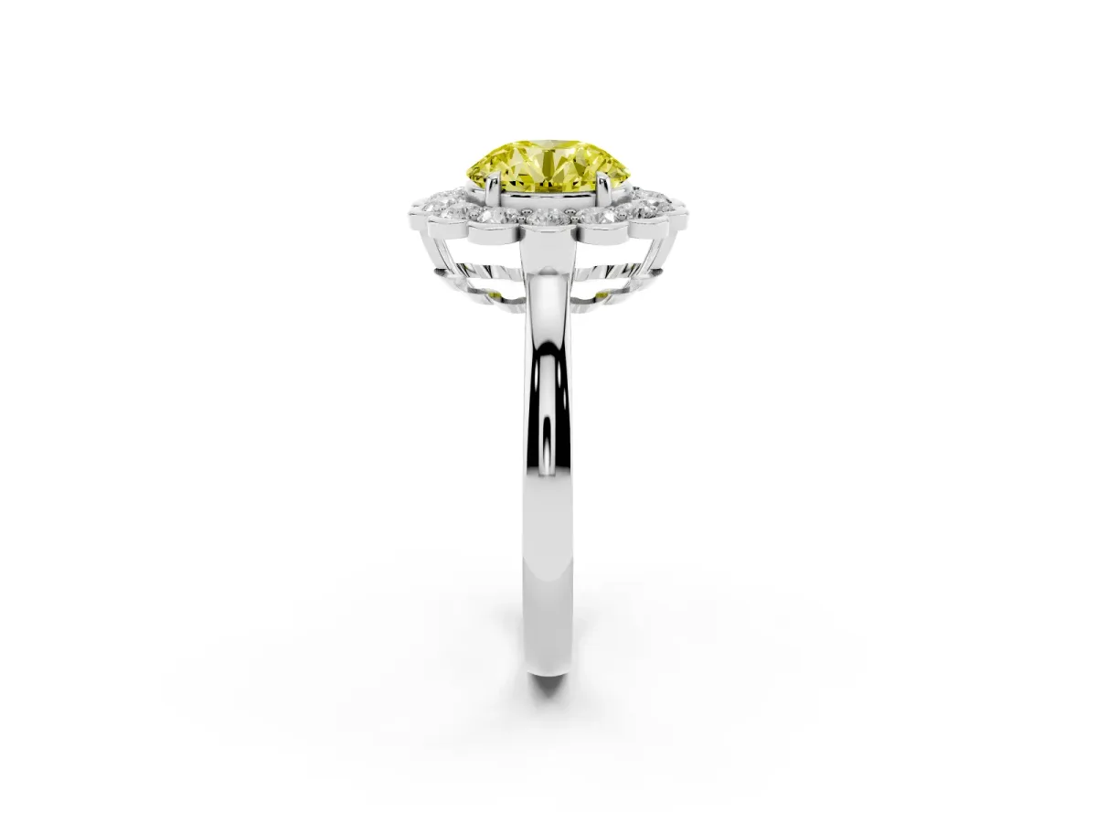 Fancy Yellow Round Cut Halo Cluster Diamond Engagement Ring with Solitaire Band and Prong Setting Platinum