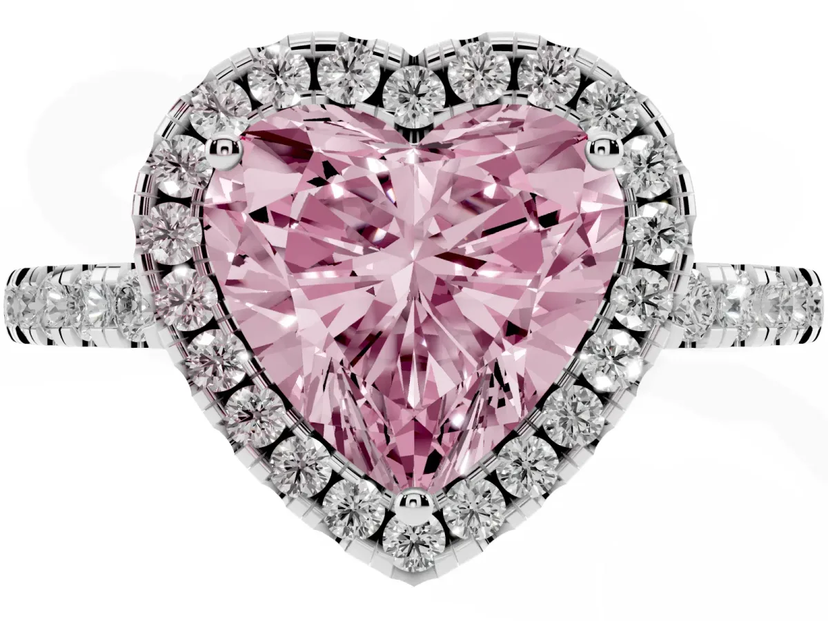 Fancy Pink Heart Cut Halo Diamond Engagement Ring with Pavé Band and Four-Prong Setting Platinum