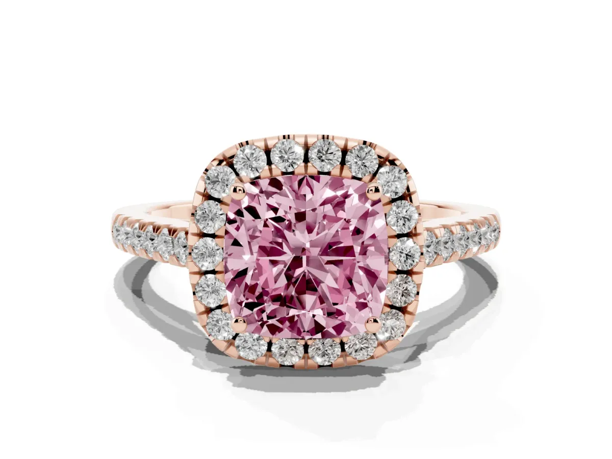 Fancy Pink Cushion Cut Halo Pavé Diamond Engagement Ring with Four-Prong Setting Rose gold