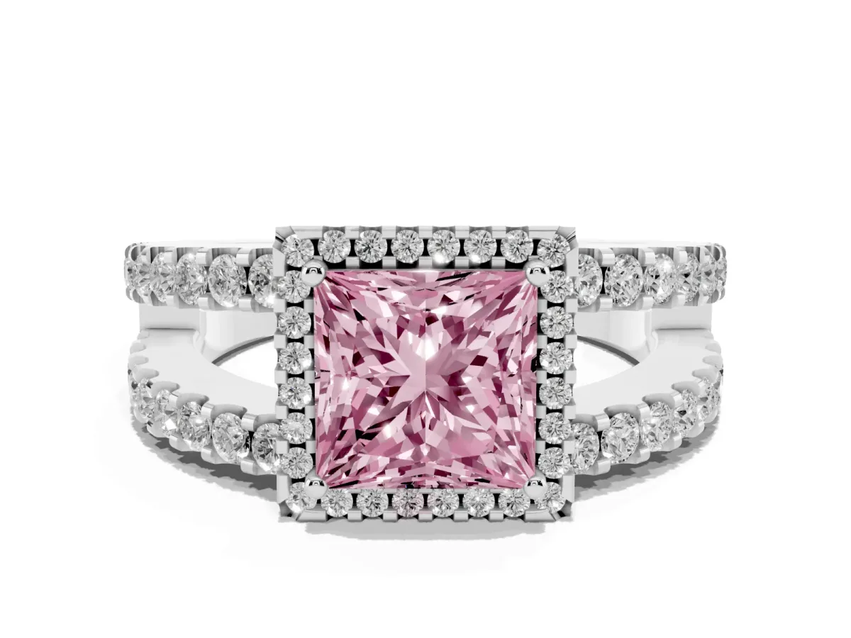 Fancy Pink Princess Cut Cut Halo Split Shank Diamond Ring with Four-Prong Setting Platinum