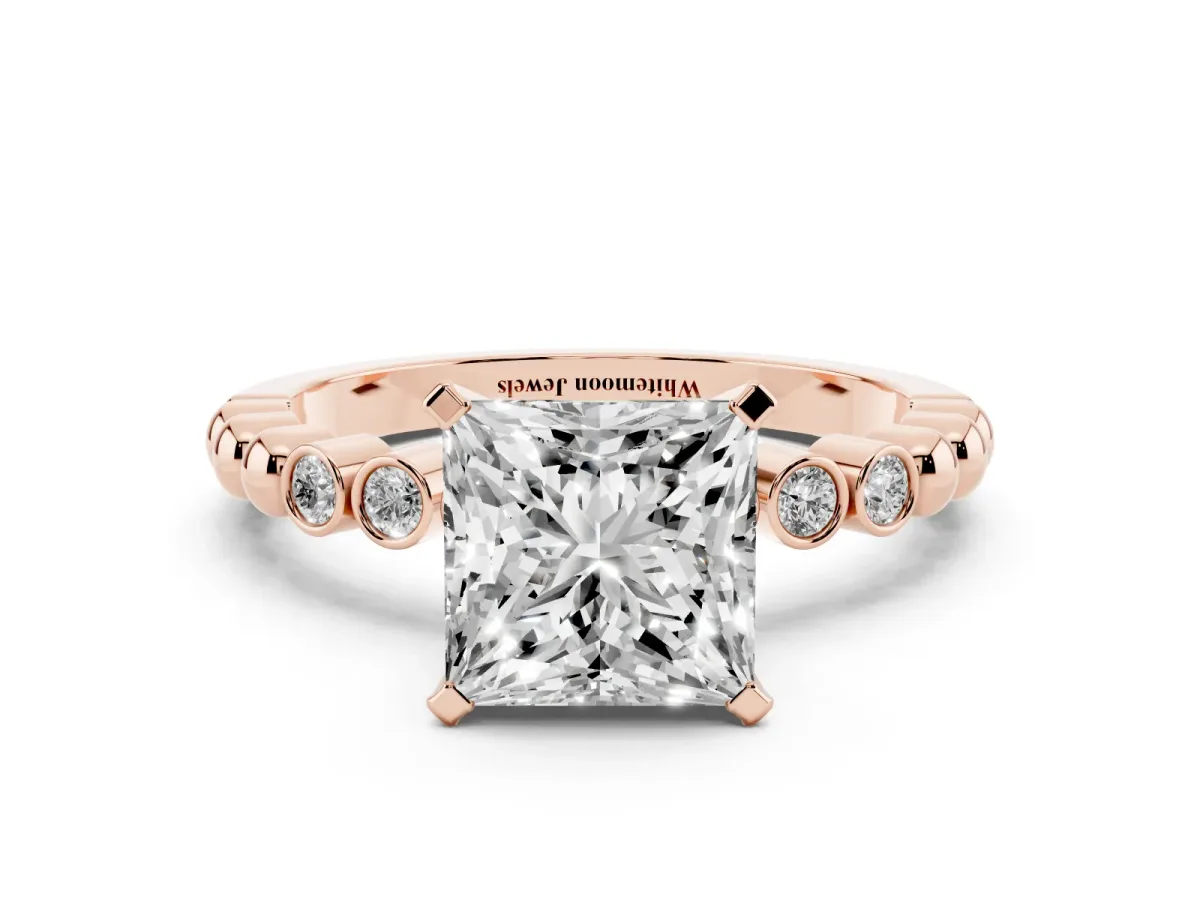 Princess Cut Solitaire Bezel Accent Diamond Engagement Ring with Beaded Band and Four-Prong Setting Rose gold