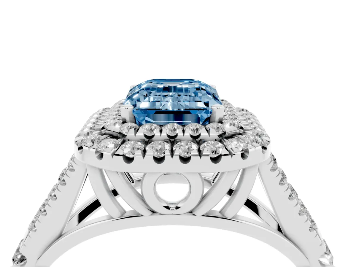 Fancy Blue Emerald Cut Diamond Pavé Split Shank Double Halo Engagement Ring Platinum
