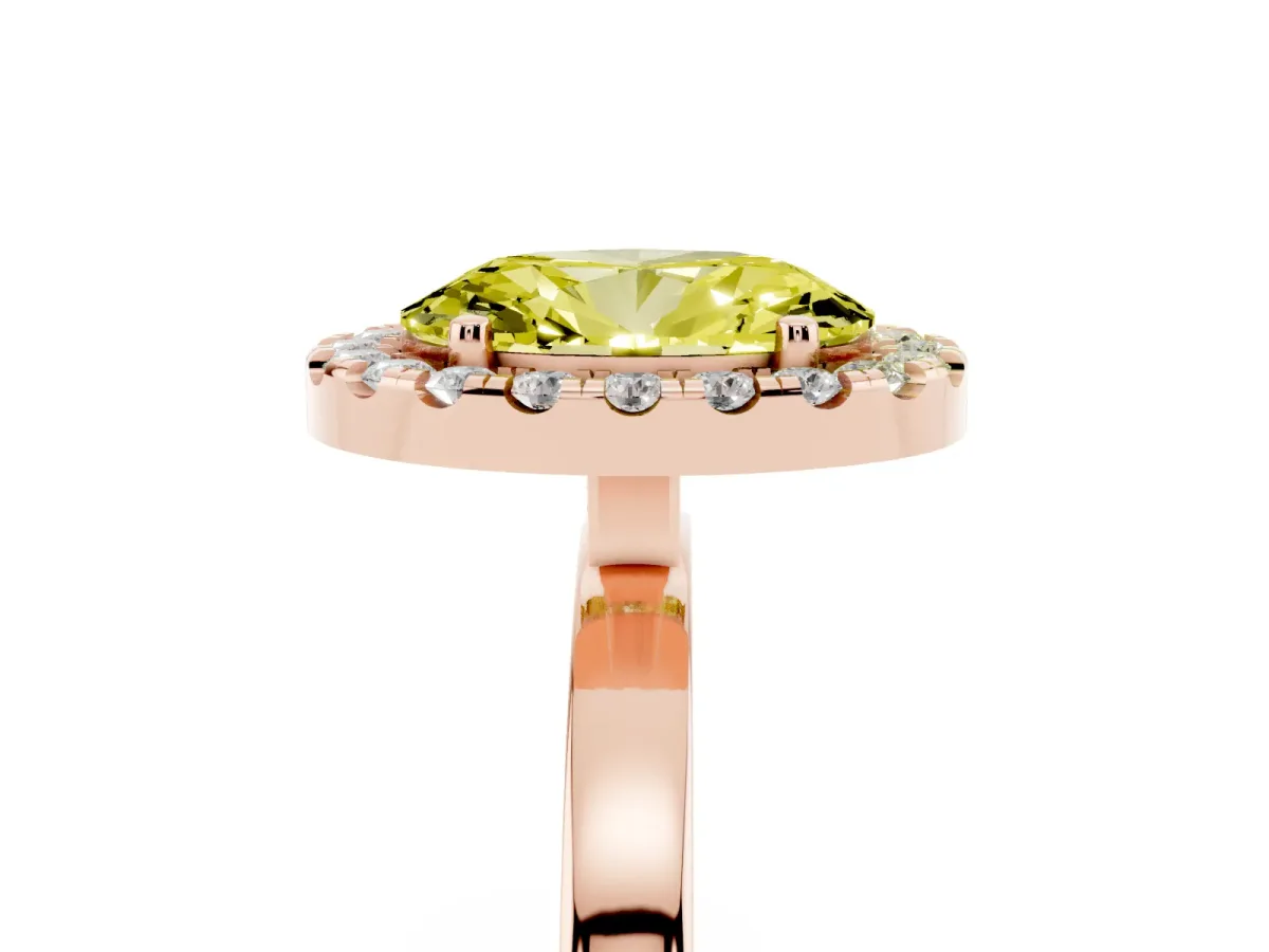 Fancy Yellow Oval Cut Halo Diamond Solitaire with Pavé Band and Four-Prong Setting Rose gold