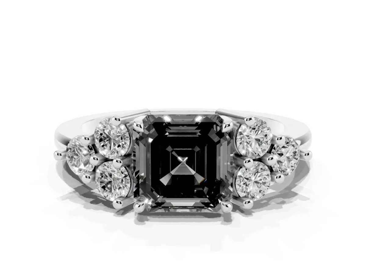 Fancy Black Asscher Cut Brilliant Diamond Cluster Accent Solitaire Ring with Prong Setting Platinum