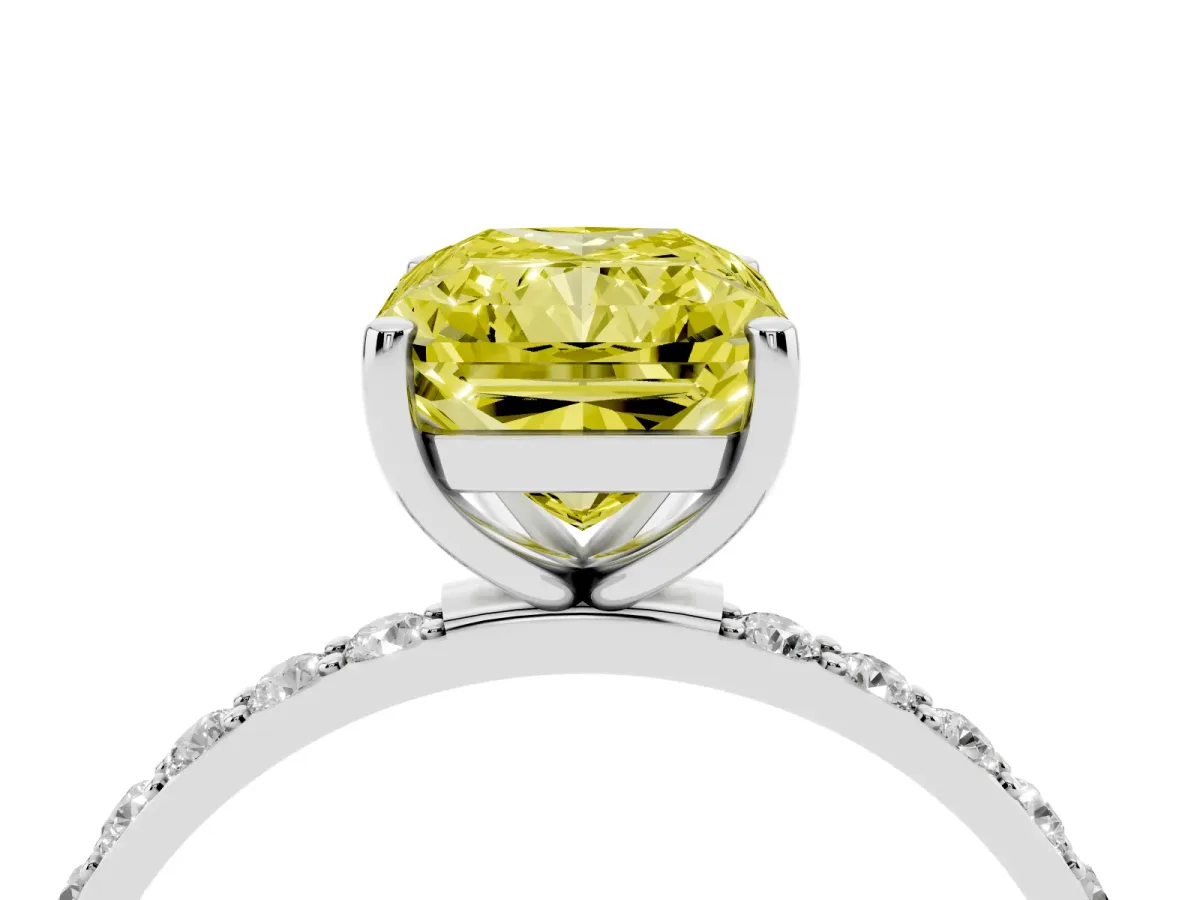 Fancy Yellow Radiant Cut Diamond Solitaire Ring with Round Pavé Shoulders and Prong Setting Silver