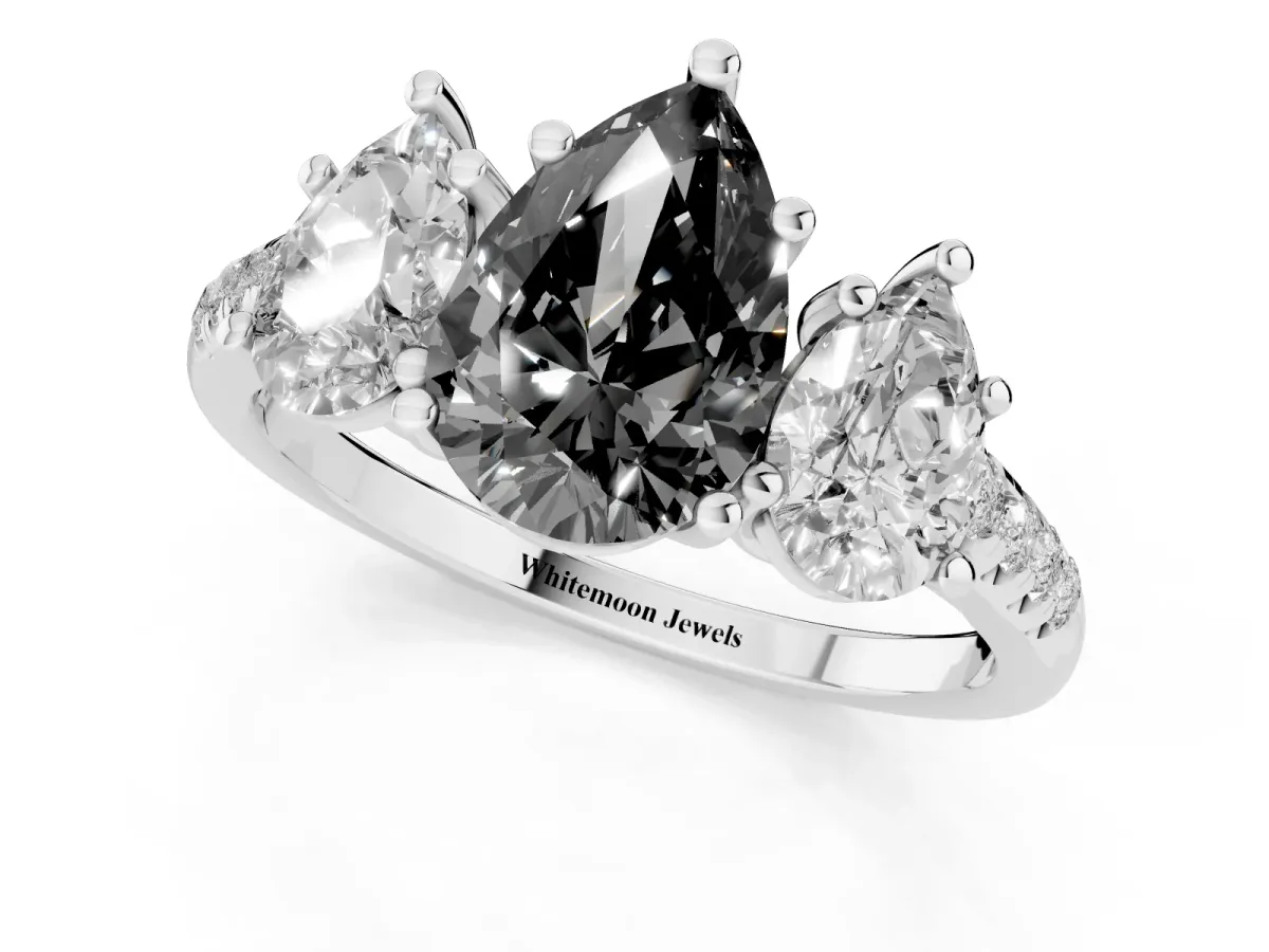 Fancy Black Three-Stone Pear Cut Diamond Ring with Round Pavé Band and Prong Setting Silver