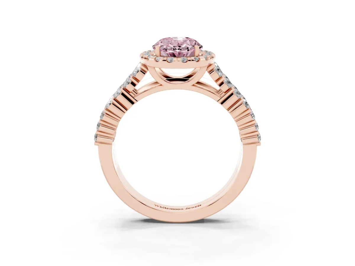 Fancy Pink Oval Cut Diamond Halo Engagement Ring with Triple Row Round Pavé Band and Prong Setting Rose gold