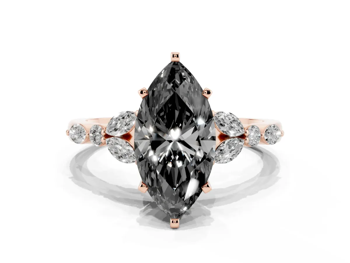 Fancy Black Marquise Cut Diamond Solitaire Ring with Side Stones and Four-Prong Setting Rose gold