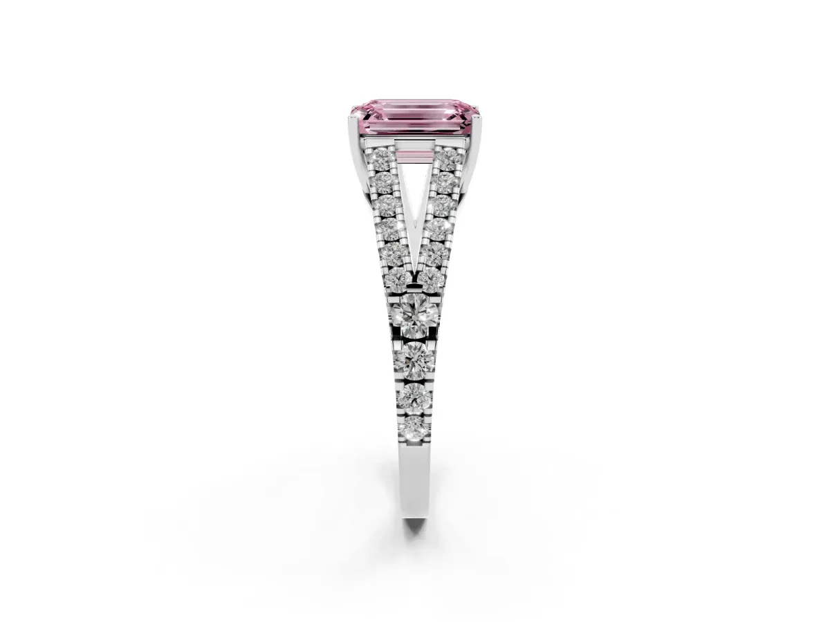 Fancy Pink Emerald Cut Diamond Split Shank Pavé Engagement Ring with Four-Prong Setting Platinum