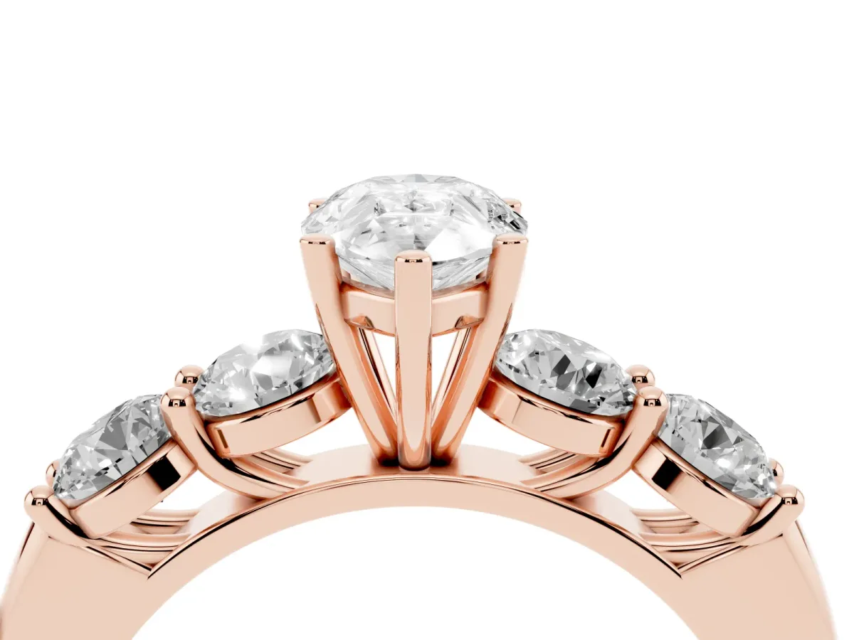 Pear Cut Cut Five-Stone Prong Set Diamond Ring with Classic Band Rose gold