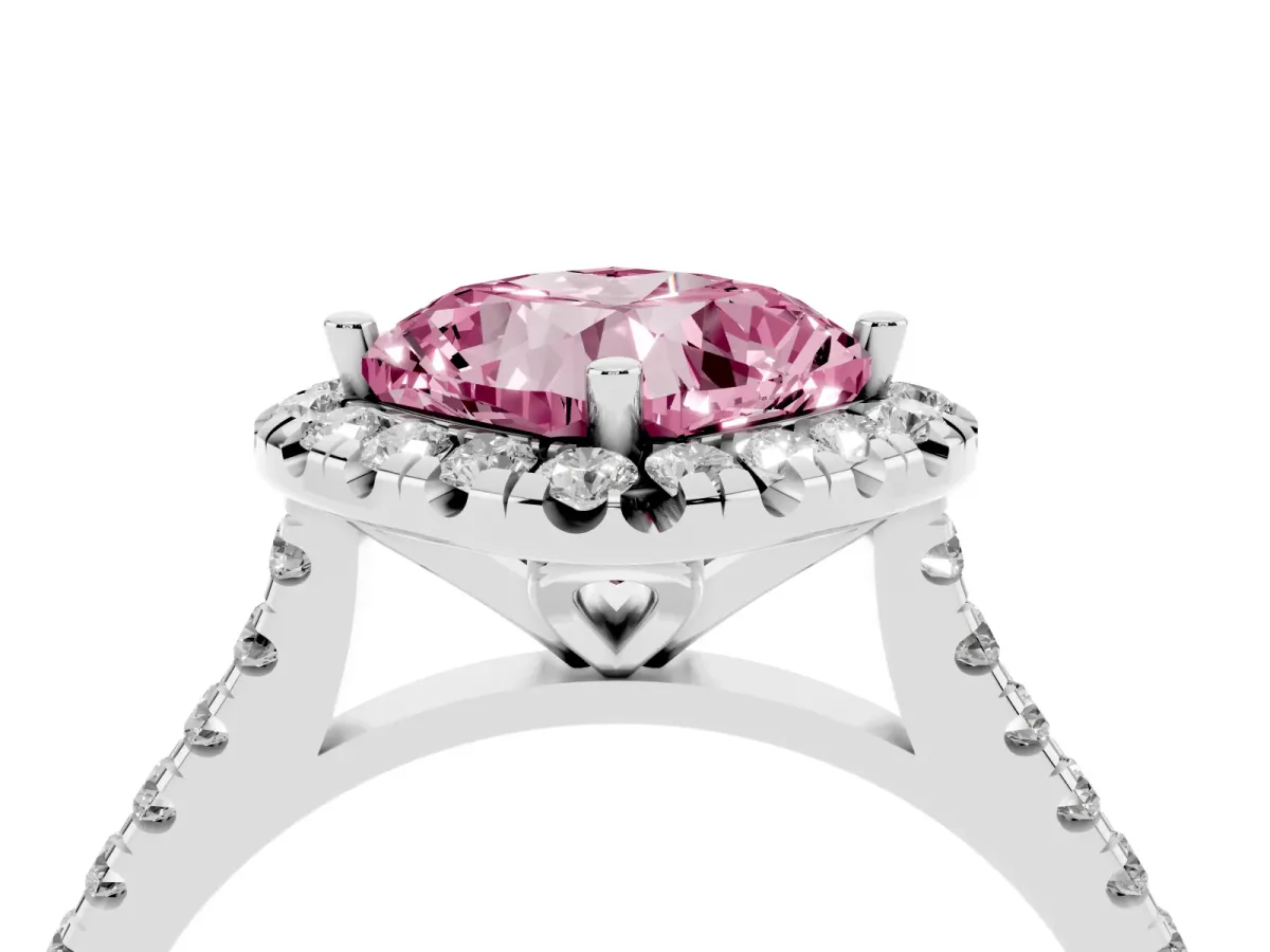 Fancy Pink Cushion Cut Diamond Cushion Halo Ring with Pavé Band Silver