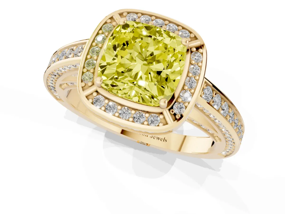 Fancy Yellow Cushion Cut Cut Halo Pave Split Shank Prong Setting Ring Yellow gold