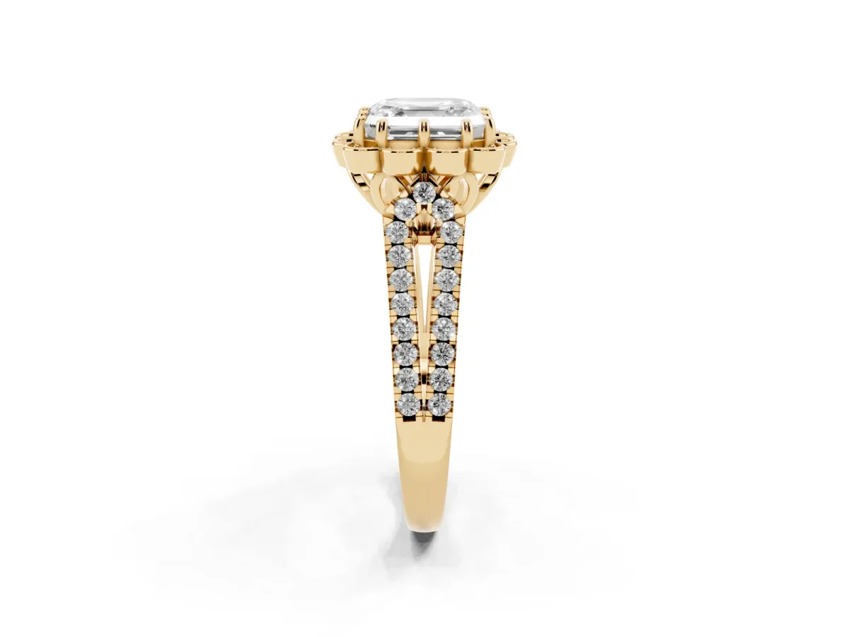 Asscher Cut Halo Diamond Floral Split Shank Engagement Ring Yellow gold
