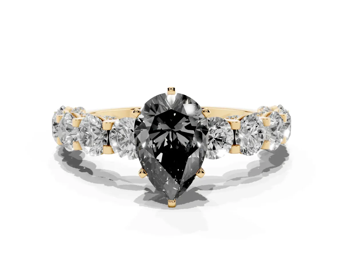 Fancy Black Pear Cut Diamond Side Stone Engagement Ring with Four-Prong Setting Yellow gold