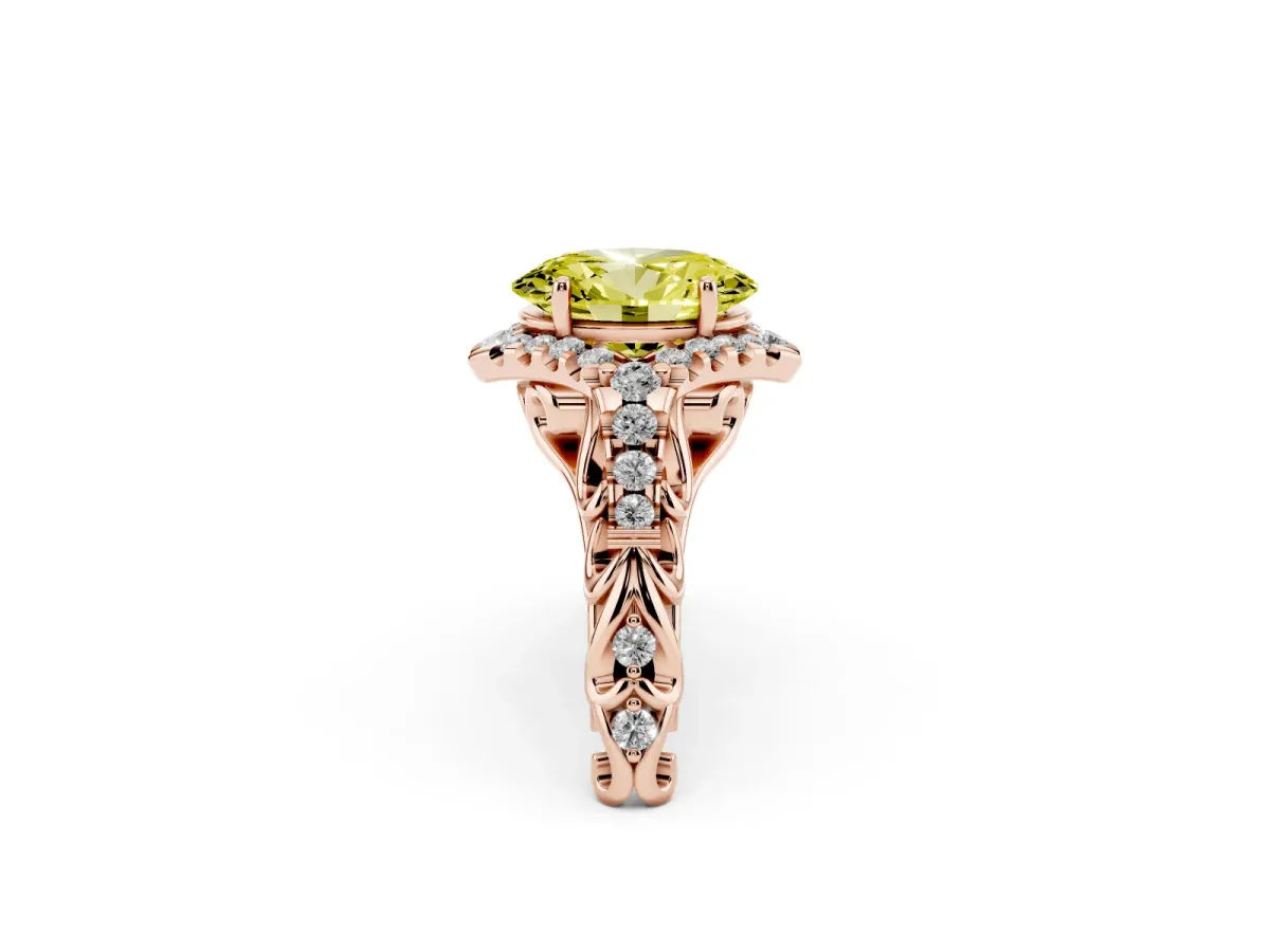 Fancy Yellow Oval Cut Diamond Solitaire Ring with Hidden Halo and Pavé Band Rose gold