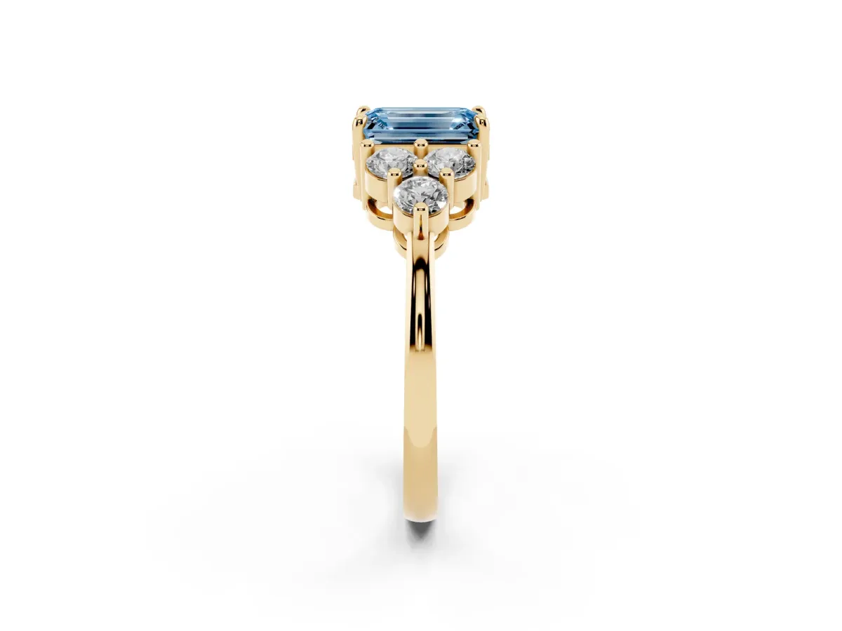 Fancy Blue Emerald Cut Brilliant Diamond Cluster Accent Solitaire Ring with Prong Setting Yellow gold