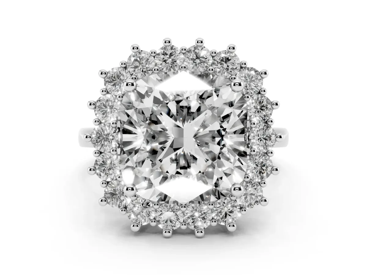 Cushion Diamond Halo Engagement Ring with Round Diamond Accents White gold