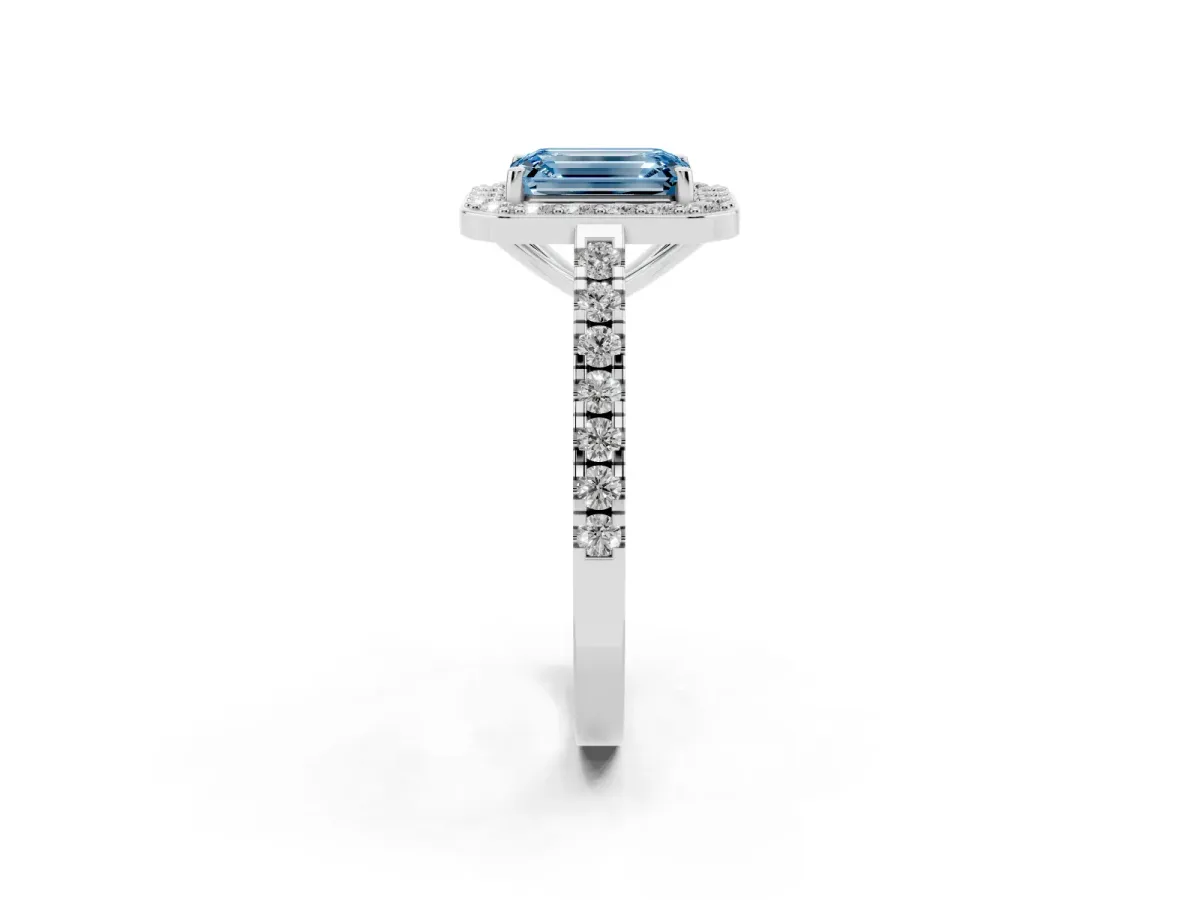 Fancy Blue Emerald Cut Diamond Halo Ring with Round Pavé Split Shank and Prong Setting Platinum