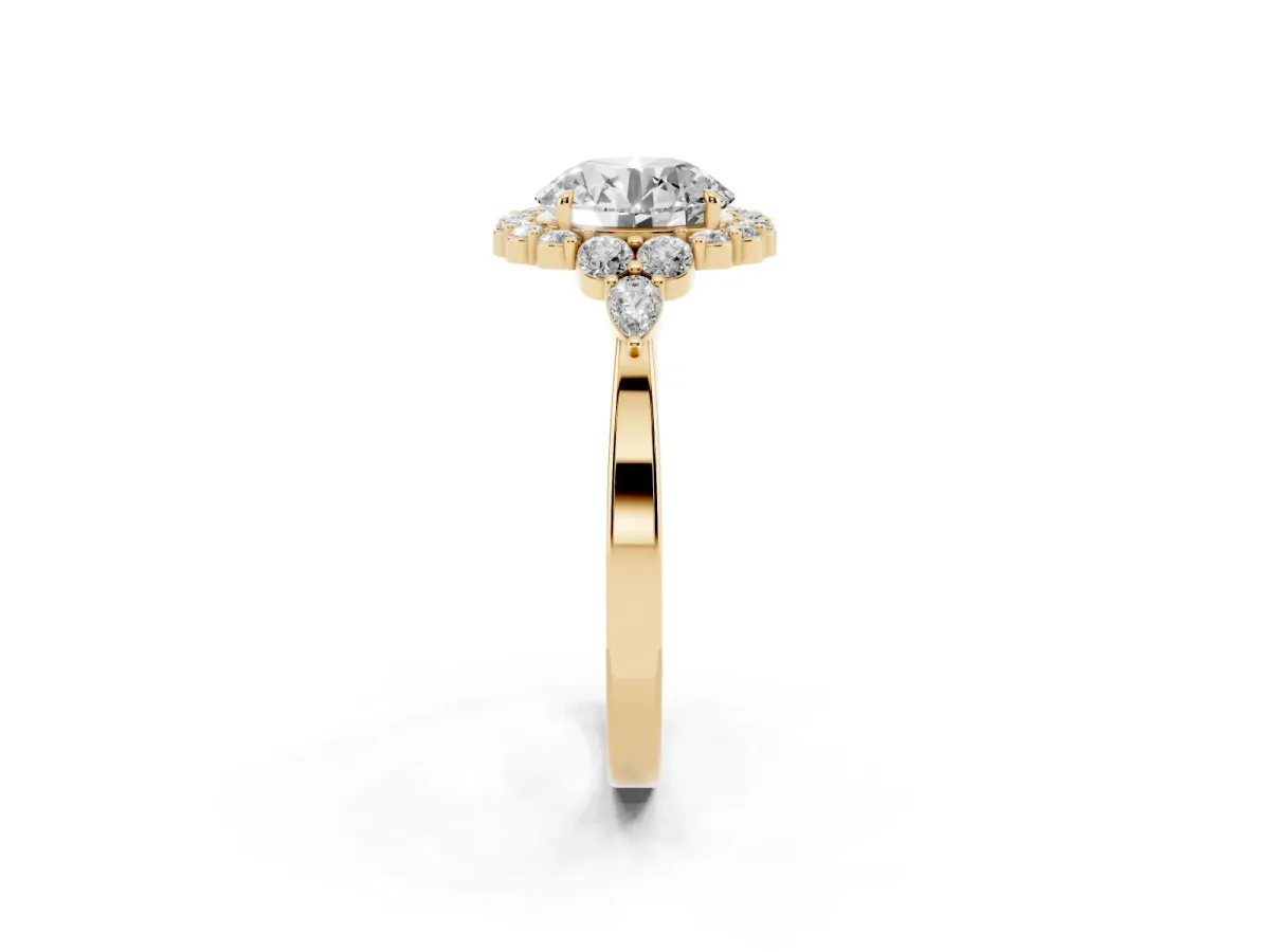 Round Cut Diamond Halo Ring with Pear Side Stones and Prong Setting Yellow gold