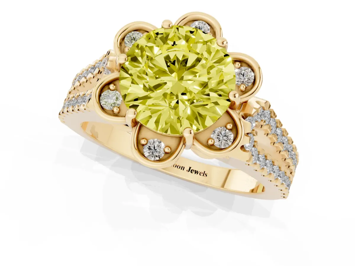 Fancy Yellow Round Cut Halo Diamond Floral Split Shank Engagement Ring Yellow gold