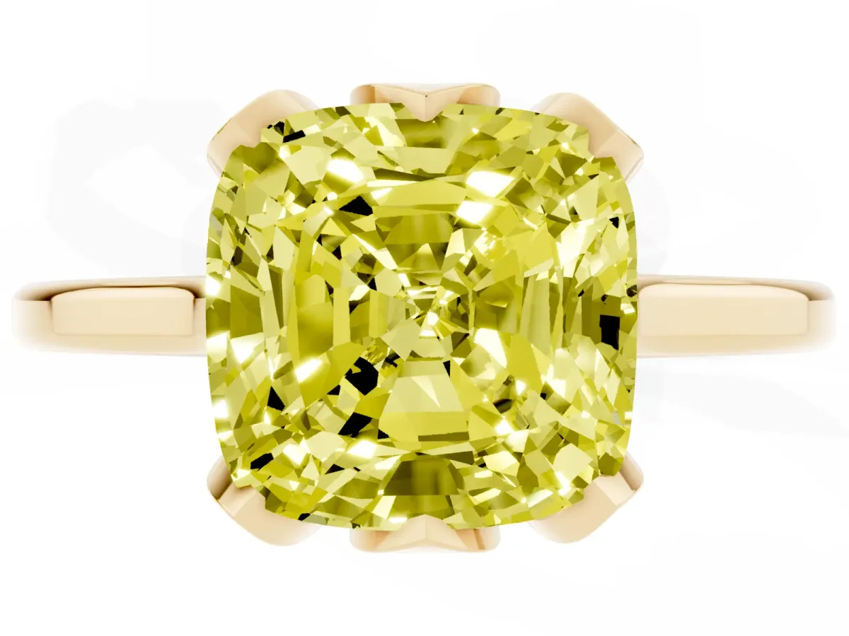 Fancy Yellow Cushion Cut Diamond Solitaire Ring with Flower Prong Setting and Classic Band Yellow gold