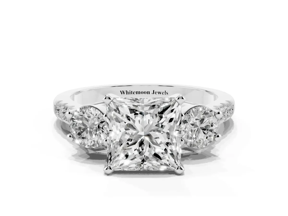 Three-Stone Princess Cut Diamond Pavé Band with Four-Prong Setting Silver