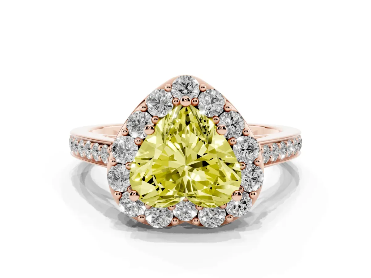 Fancy Yellow Heart Cut Diamond Floral Halo Ring with Pavé Band and Prong Setting Rose gold