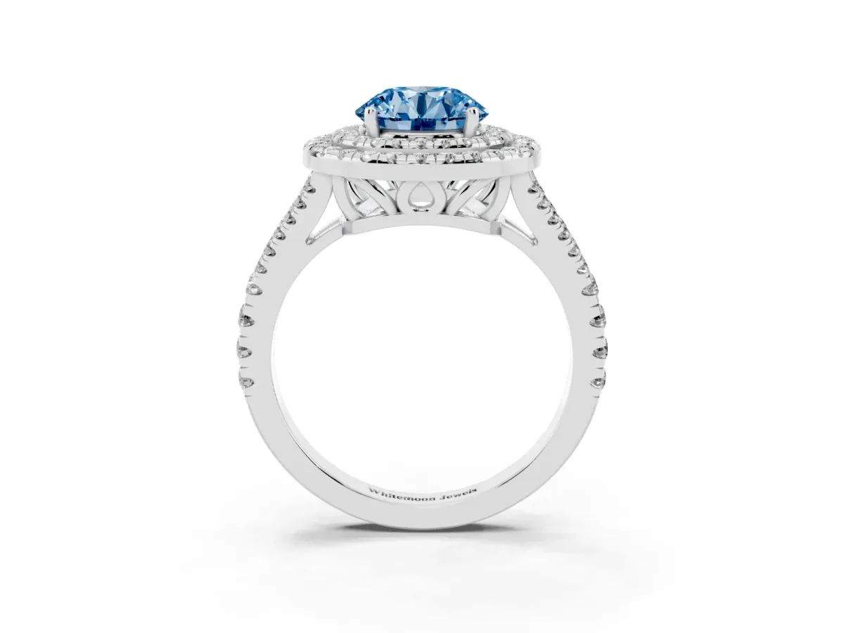 Fancy Blue Round Cut Diamond Double Halo Ring with Pavé Band and Prong Setting Platinum