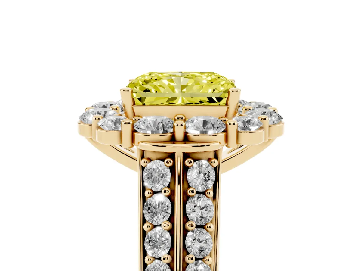 Fancy Yellow Radiant Cut Halo Diamond Engagement Ring with Split Shank and Prong Setting Yellow gold