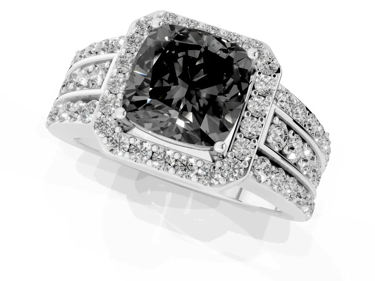 Fancy Black Cushion Cut Halo Diamond Ring with Round Split Shank and Prong Setting Platinum