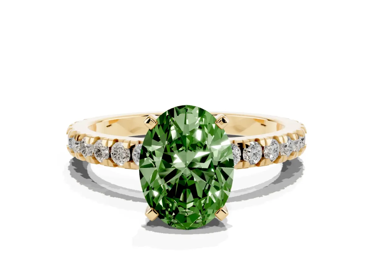 Fancy Green Oval Cut Diamond Pavé Band Solitaire with Four-Prong Setting Yellow gold